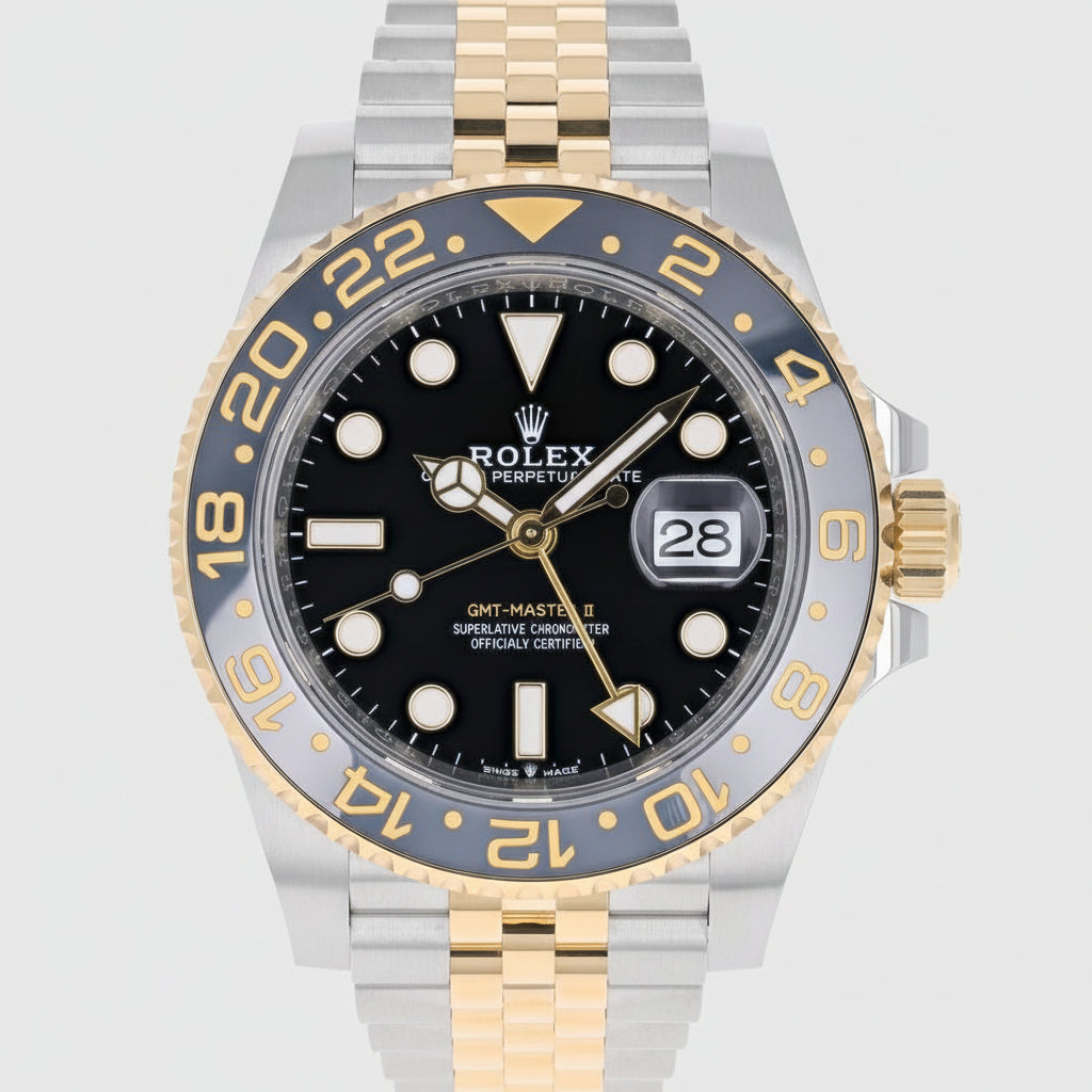 Rolex watch with black dial and gold and silver case on a white background