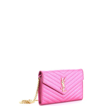 Saint Laurent Classic Monogram Wallet on Chain Matelasse Chevron Metallic Leather Medium
