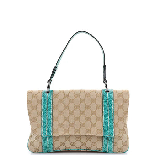 Gucci Vintage Flap Shoulder Bag GG Canvas with Leather Small