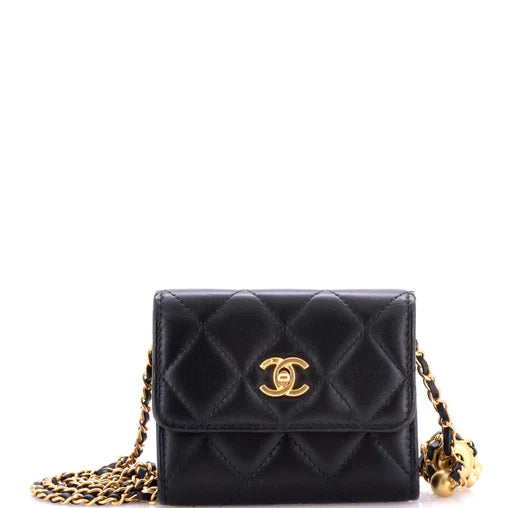 Chanel Pearl Crush Card Holder with Chain Quilted Lambskin
