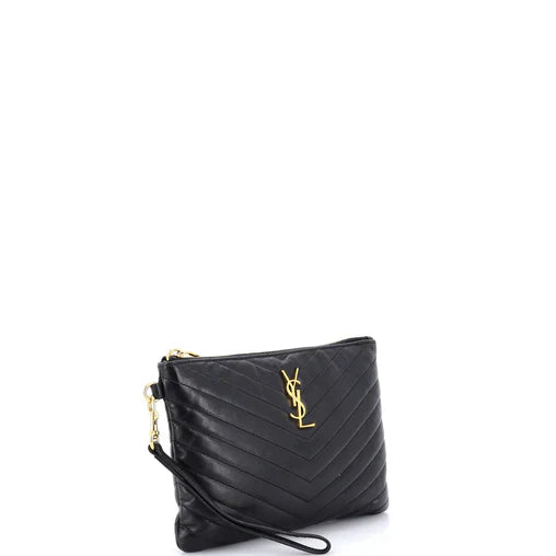 Saint Laurent Classic Monogram Wristlet Pouch Matelasse Chevron Leather Small