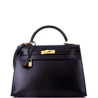 Hermes Kelly Handbag Noir Box Calf with Gold Hardware 32