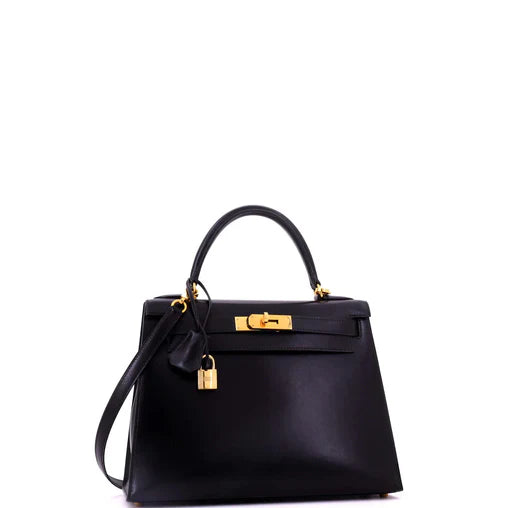 Hermes Kelly Handbag Noir Box Calf with Gold Hardware 28