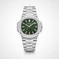 Silver watch with a green face on a white background