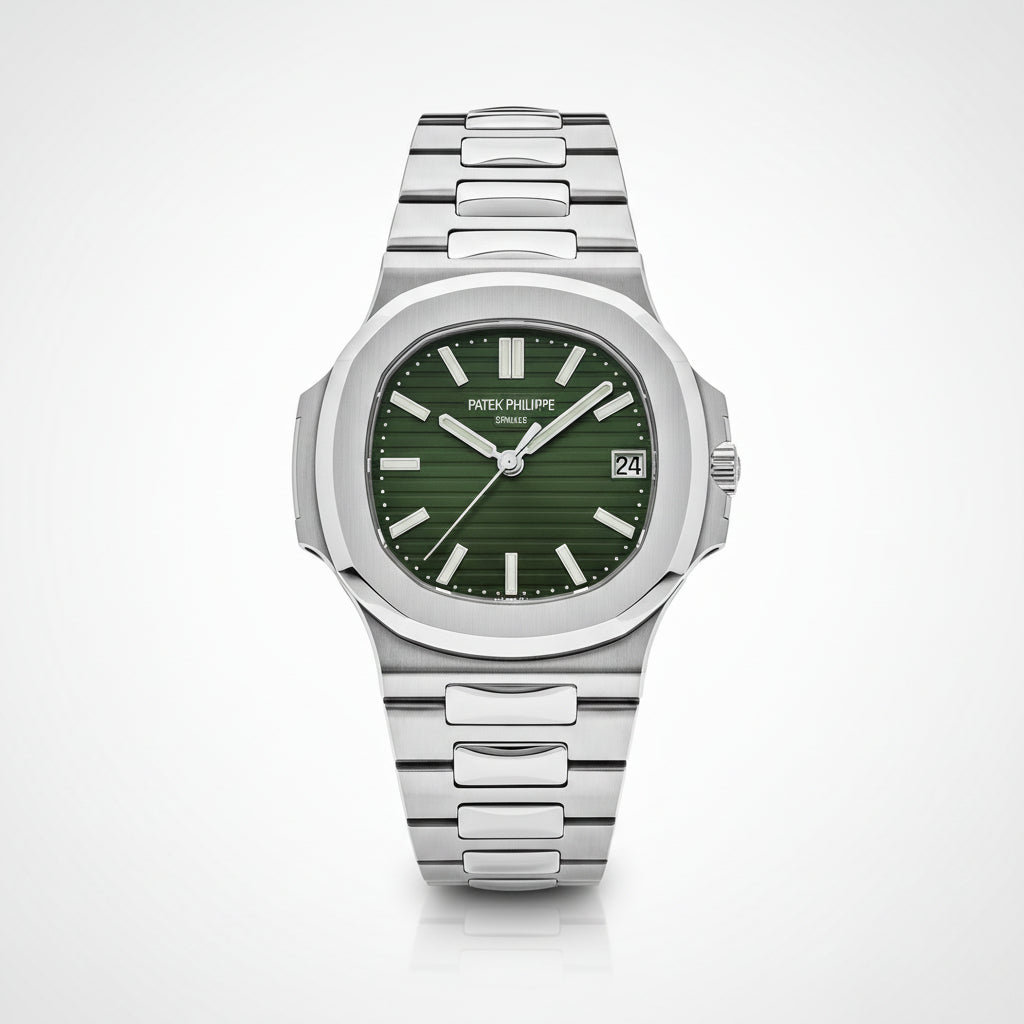 Silver watch with a green face on a white background