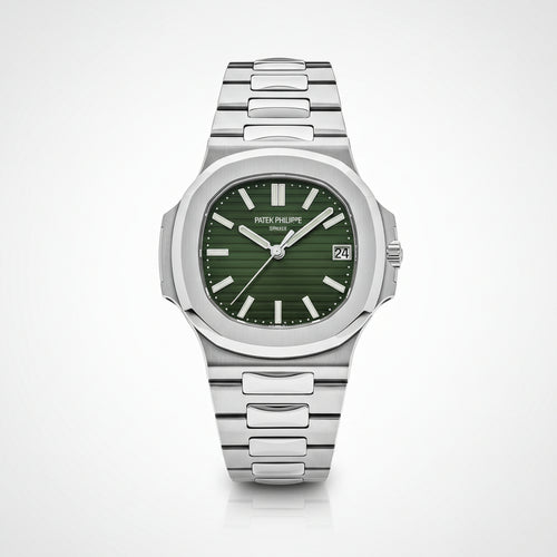 Silver watch with a green face on a white background