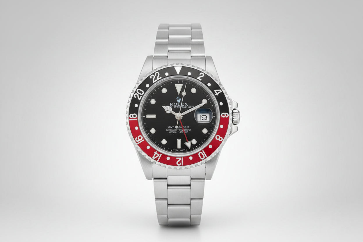 Rolex watch with black face, red bezel, and silver metal strap on a white background