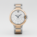 Cartier watch with two-tone metal band on a white background