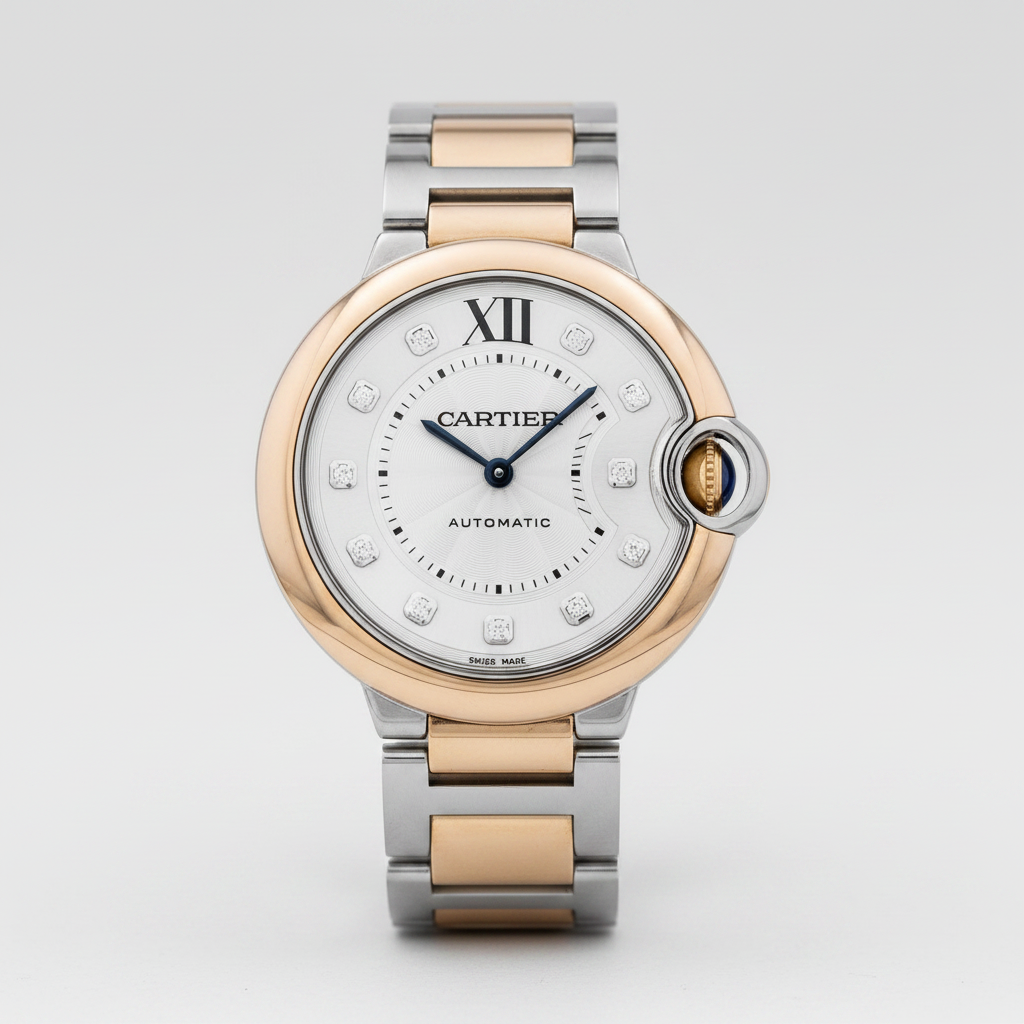 Cartier watch with two-tone metal band on a white background