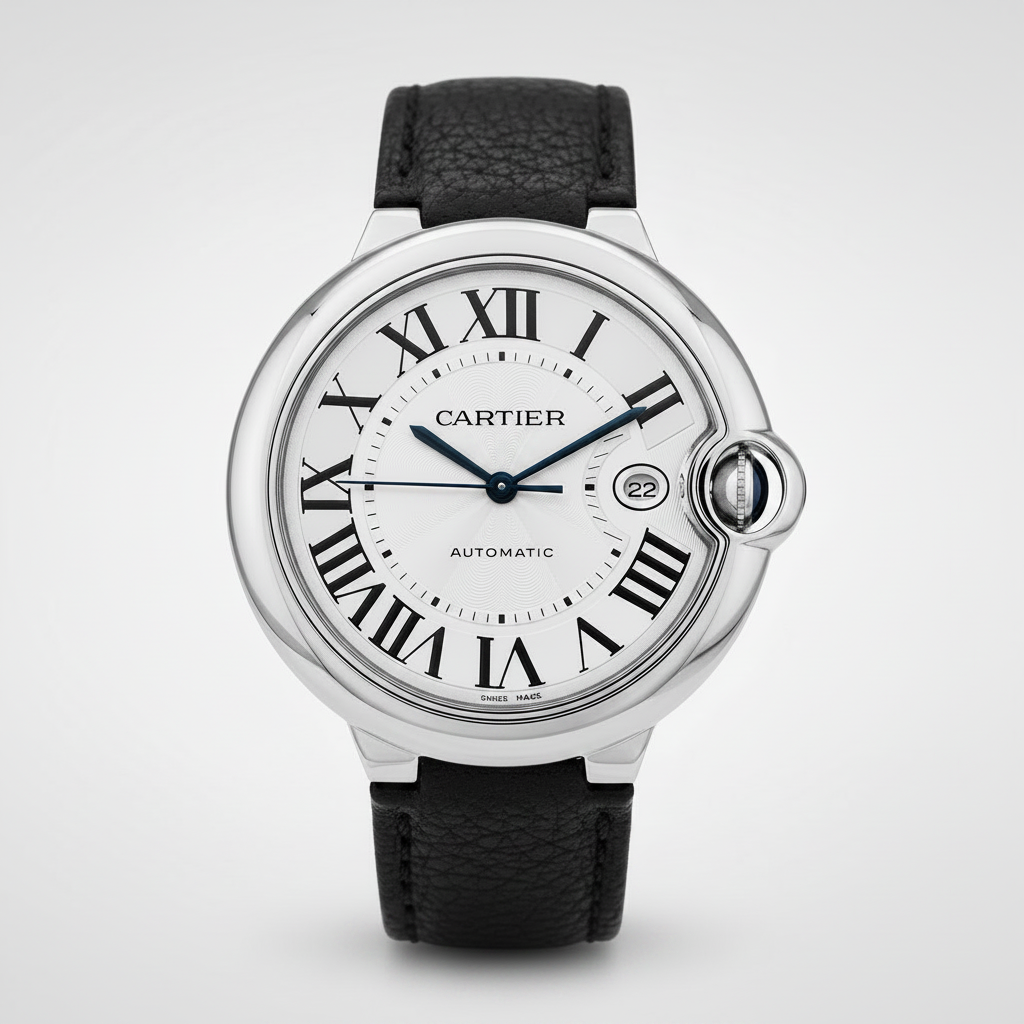 Cartier watch with black leather strap on a white background