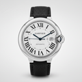 Cartier watch with black leather strap on a white background