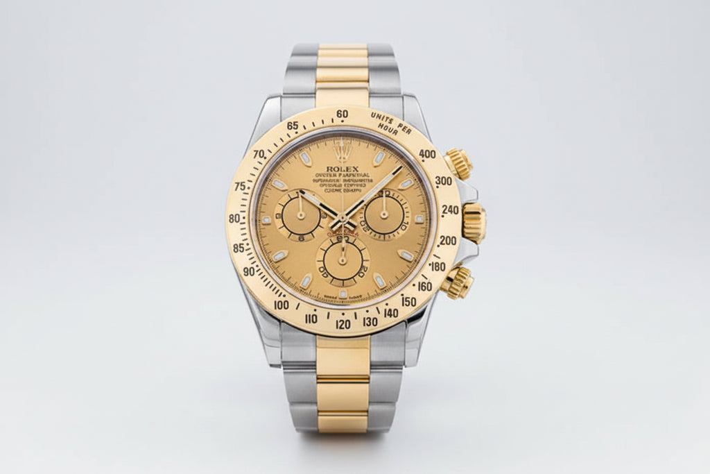 Two-tone gold and silver watch with a detailed face on a white background