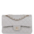 Chanel small classic double flap grey caviar light gold hardware