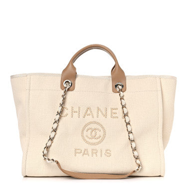 Chanel canvas pearl large deauville tote ecru beige bag