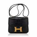 Hermes mini constance 18 bag black matte alligator with gold hardware and mirror